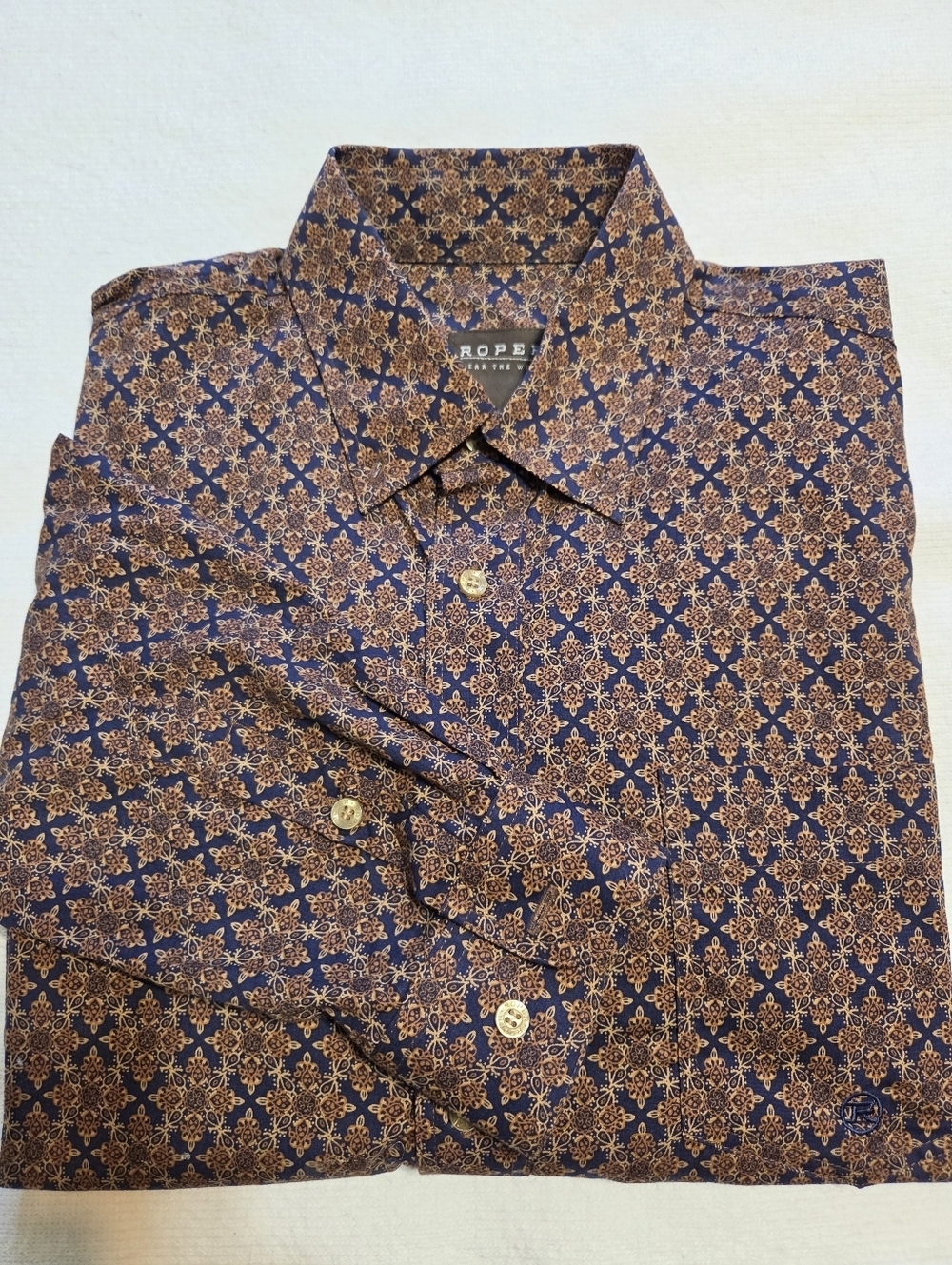 Roper Men's Navy and Brown Geometric Print Button-Up Shirt. Sz M